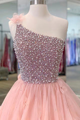 Pink Organza Beaded Long Formal Dress, A-Line One Shoulder Evening Dress