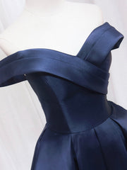 Blue V-neckline Satin Off Shoulder Party Dress, A-Line Blue Short Evening Prom Dress