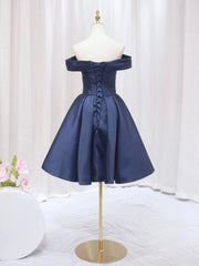 Blue V-neckline Satin Off Shoulder Party Dress, A-Line Blue Short Evening Prom Dress