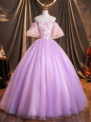 Purple Tulle Sequins Long Prom Dress, A-Line Off the Shoulder Evening Party Dress