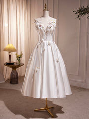 White Spaghetti Strap Satin Short Prom Dress, White V-Neck Evening Party Dress