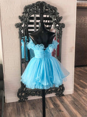 Lovely Blue Strapless A-Line Short Prom Dress, Organza Pleated Ruffle Tiered  Homecoming Dress