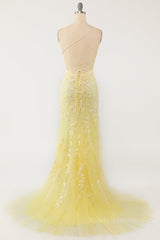 Mermaid Backless Yellow Lace Long Prom Dresses, Mermaid Yellow Formal Dresses, Yellow Lace Evening Dresses