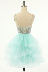 Mint Green Beaded Layered Tulle Homecoming Dress