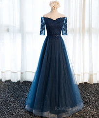 Navy Blue Half Sleeves Lace Long Prom Dresses, Navy Blue Lace Formal Dresses