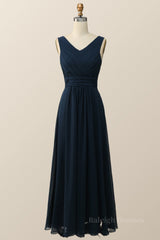 Navy Blue Pleated Chiffon A-line Long Bridesmaid Dress