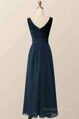 Navy Blue Pleated Chiffon A-line Long Bridesmaid Dress