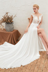 Neck Lace Top White Wedding Dresses with Slit