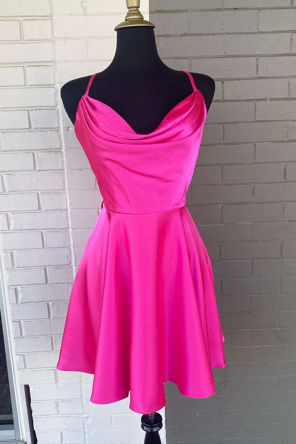 Neon Pink Lace-Up A-Line Satin Homecoming Dress,Night Dress Party Short