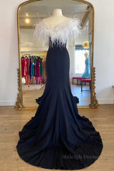 Off Shoulder V Neck Mermaid Black Long Prom Dress, Mermaid Black Formal Dresses, Black Evening Dresses