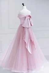 Off the Shoulder Pink Prom Dresses, Pink Tulle Formal Evening Dresses