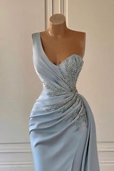 One shoulder blue prom dress in mermaid pleats