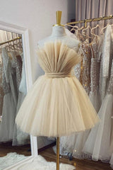 Open Back Strapless Champagne Tulle Short Prom Homecoming Dress, Strapless Champagne Formal Graduation Evening Dress