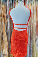 Orange Sequins Cross Front Bodycon Mini Party Dresses