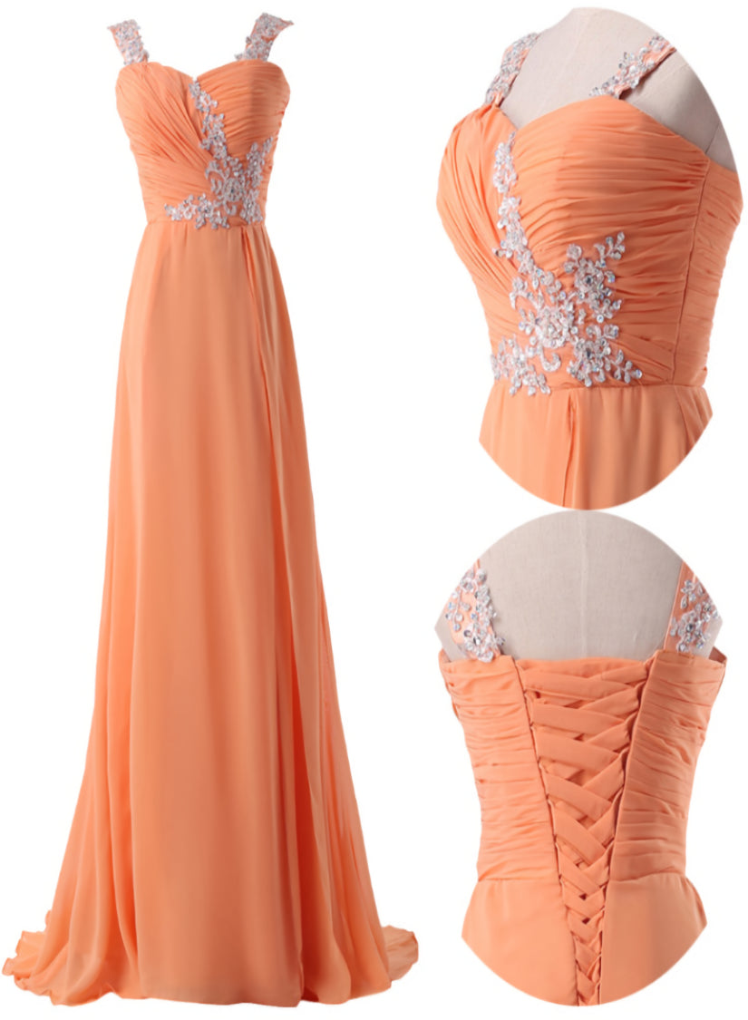 Organge Chiffon Straps Lace Applique A-line Long Prom Dress, Orange Formal Dress Evening Dress