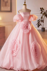 Pink A-Line Sweetheart Ball Gown Formal Dress with Flowers, Off the Shoulder Evening Party Dress