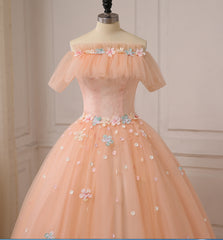 Pink Ball Gown Off Shoulder Tulle Sweet 16 Dress with Flowers, Pink Formal Dress