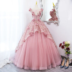 Pink Flowers Round Neckline Floor Length Sweet 16 Dress, Pink Long Formal Dress
