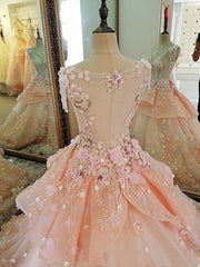 Pink Flowers Round Neckline Sweet 16 Dress, Pink Quinceanera Dress
