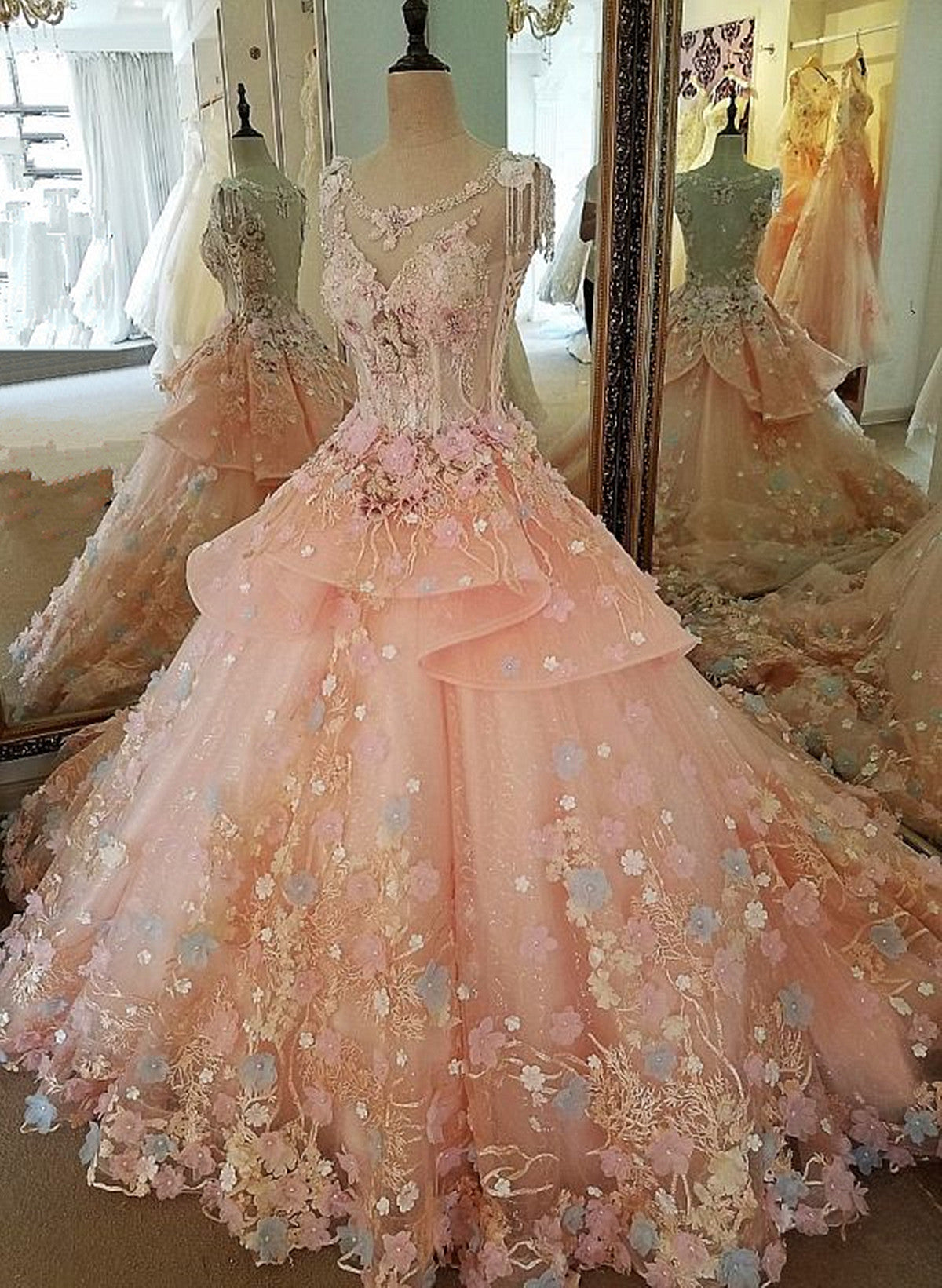 Pink Flowers Round Neckline Sweet 16 Dress, Pink Quinceanera Dress