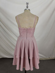 Pink Lace Satin Lace Short Prom Dress, Pink Homecoming Dresses