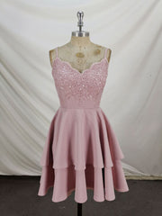 Pink Lace Satin Lace Short Prom Dress, Pink Homecoming Dresses
