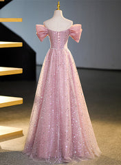 Pink Off Shoulder Shiny Tulle A-line Long Party Dress, Pink Tulle Formal Dress