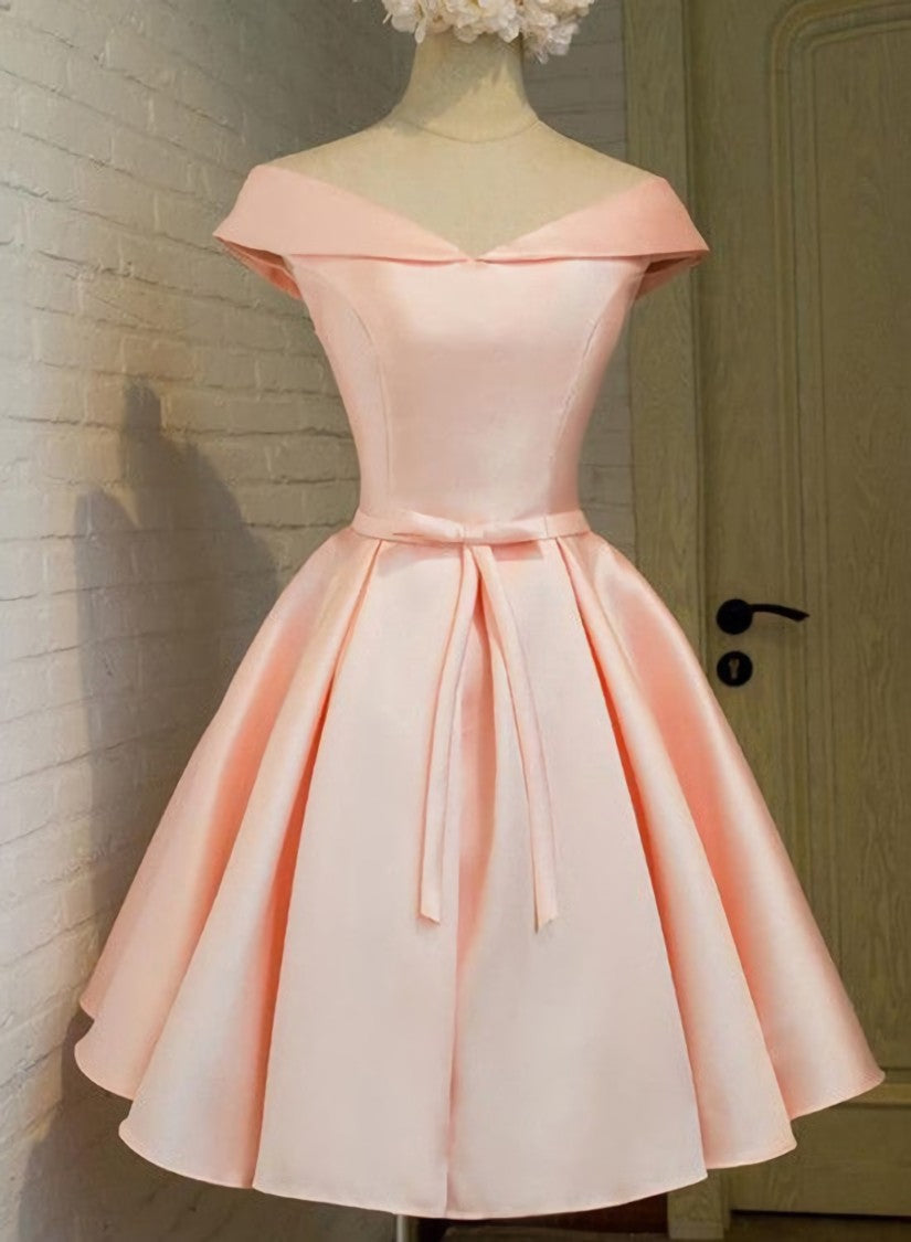 Pink Satin Knee Length Party Dress , Homecoming Dress
