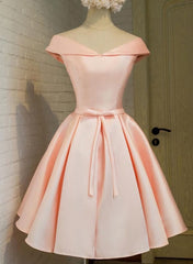 Pink Satin Knee Length Party Dress , Homecoming Dress