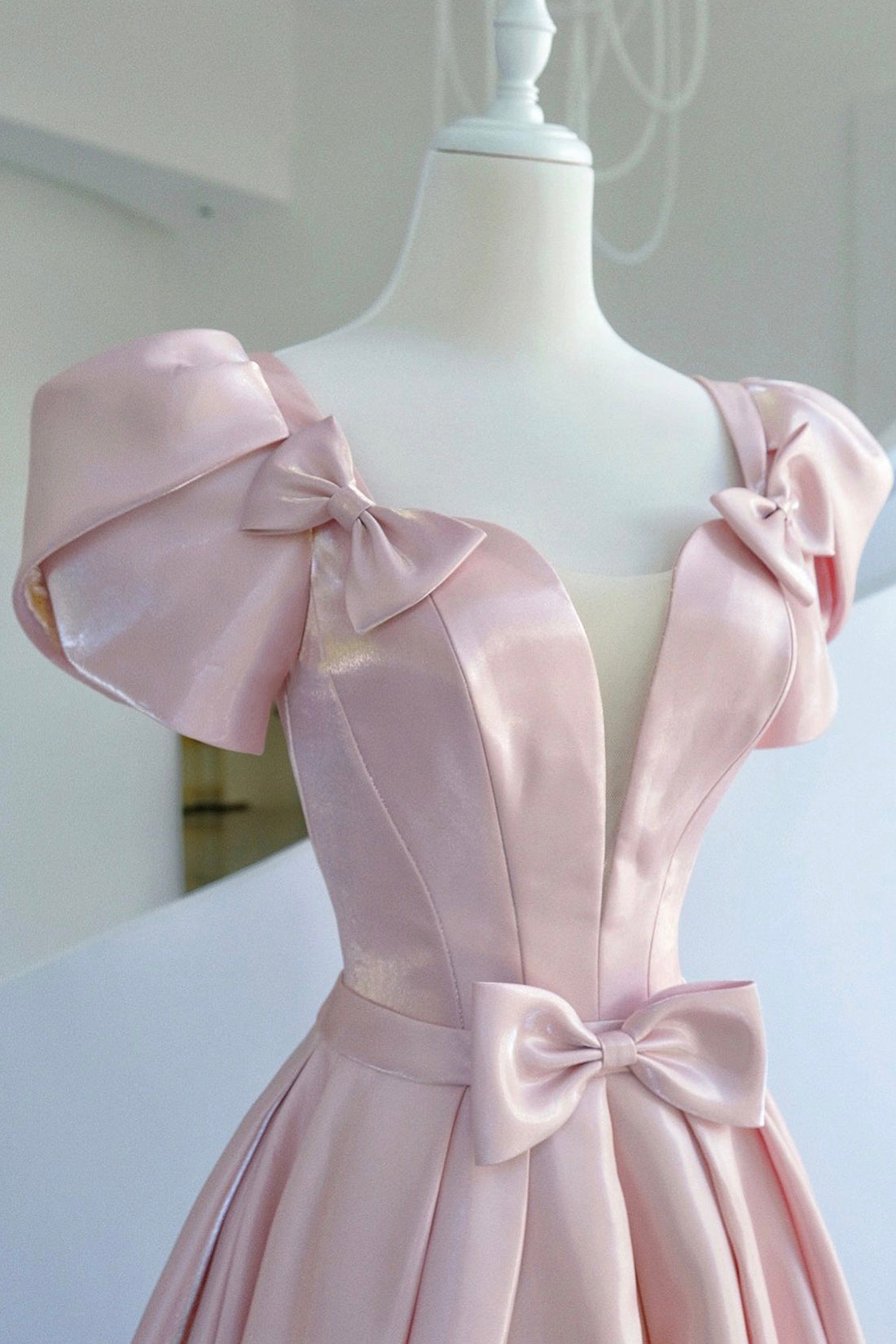 Pink Satin Long Prom Dress, A-Line Evening Dress with Bow