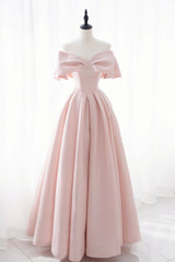 Pink Satin Long Prom Dress, Cute Off Shoulder Evening Dress