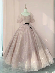 Pink Sweetheart-Neck Tulle Lace Half-Sleeve Prom Dresses, Pink Party Dress