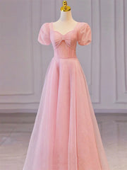 Pink Sweetheart Short Sleeves Long A-line Prom Dress, Pink Evening Gowns