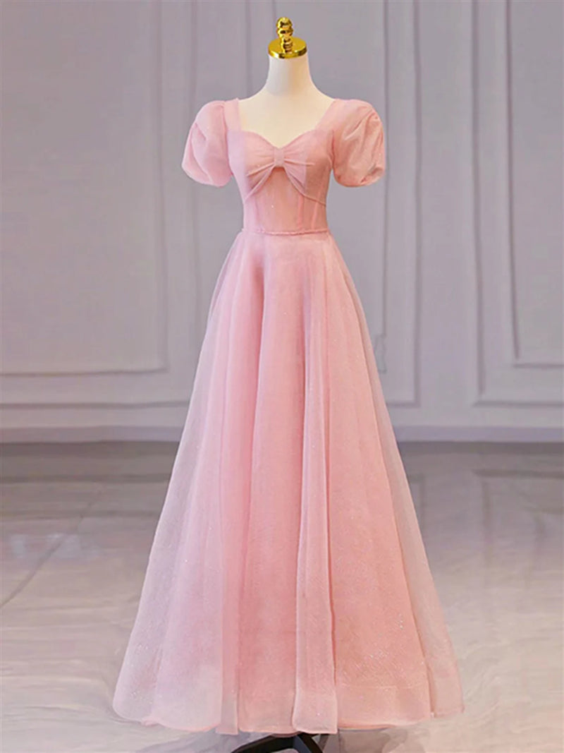 Pink Sweetheart Short Sleeves Long A-line Prom Dress, Pink Evening Gowns