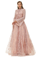 Rochii roz din tul roz rochii de bal cu mânecă lungă cu gât lung