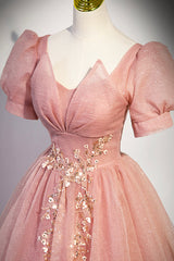 Pink Tulle Floor Length Prom Dress, Cute Short Sleeve Evening Dress