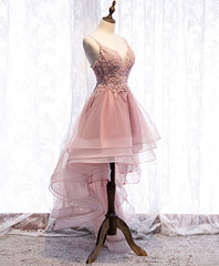 Pink Tulle Lace High Low Prom Dress, Pink Homecoming Dress