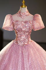 Pink Tulle Lace Princess Dress, A-Line Evening Dress Sweet 16 Dress