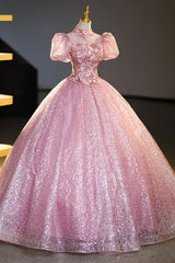 Pink Tulle Lace Princess Dress, A-Line Evening Dress Sweet 16 Dress