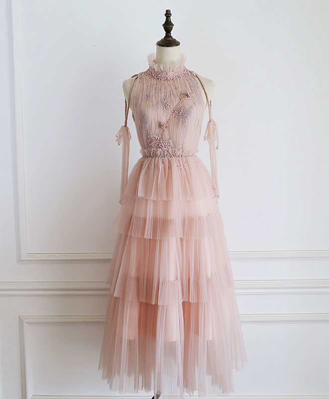 Pink Tulle Lace Prom Dress, Tulle Lace Homecoming Dress