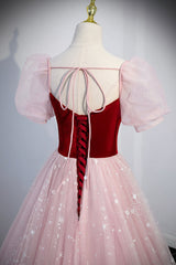 Pink Tulle Long A-Line Prom Dress, Lovely Short Sleeve Evening Party Dress