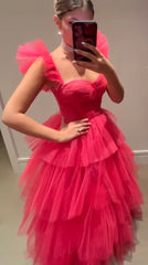 Pink tulle prom dresses long evening dress