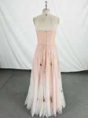 Pink V Neck Tulle Long Prom Dress, Pink Tulle Evening Dress