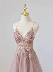 Pink V-neckline Beaded Straps Floor Length Party Dress, Pink Long Formal Dress