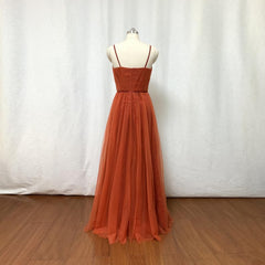 Burnt Orange Tulle Bridesmaid Dress, 2024 Spaghetti Straps Boho