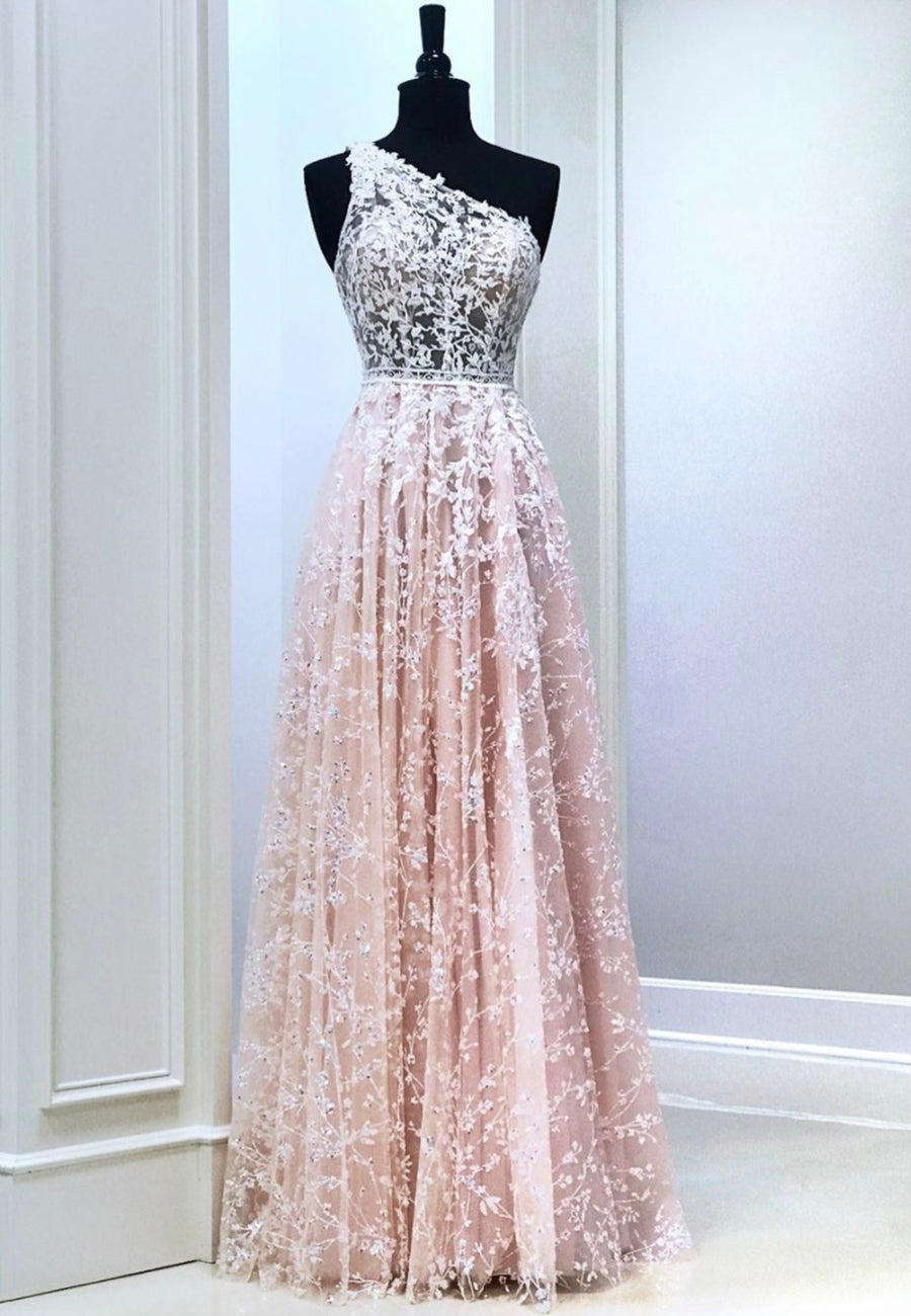 Pink Lace Long Prom Dresses, One Shoulder Evening Party Dresses