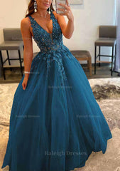 Princess A Line V Neck Sleeveless Sweep Train Tulle Prom Dress With Appliqued Beading