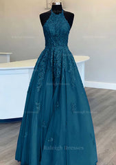 Princess Halter Long Floor Length Lace Tulle Prom Dress With Appliqued Beading