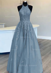 Princess Halter Long Floor Length Lace Tulle Prom Dress With Appliqued Beading