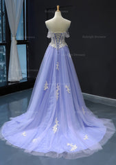 Princess Off The Shoulder Sweep Train Tulle Satin Prom Dress With Appliqued